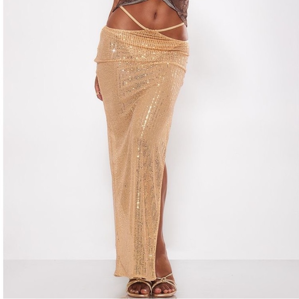Gold Sheer Sequin Tie Waist Maxi Skirt